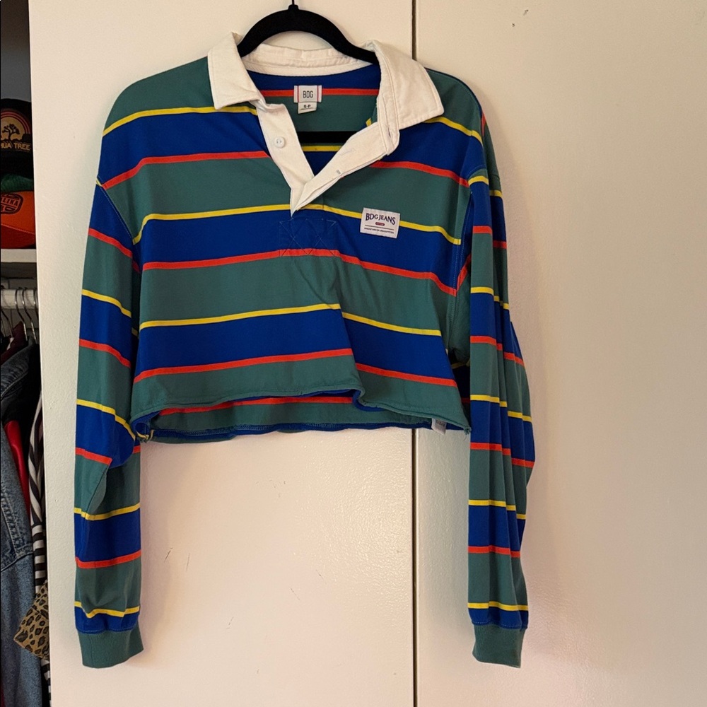 BDG Cropped Rugby Shirt in Green, Blue, Yellow, Red